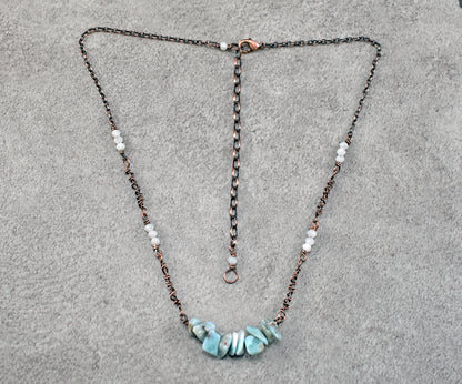Simple Larimar, Moonstone and Copper Wire Necklace, Rustic Light Blue Stone Jewelry