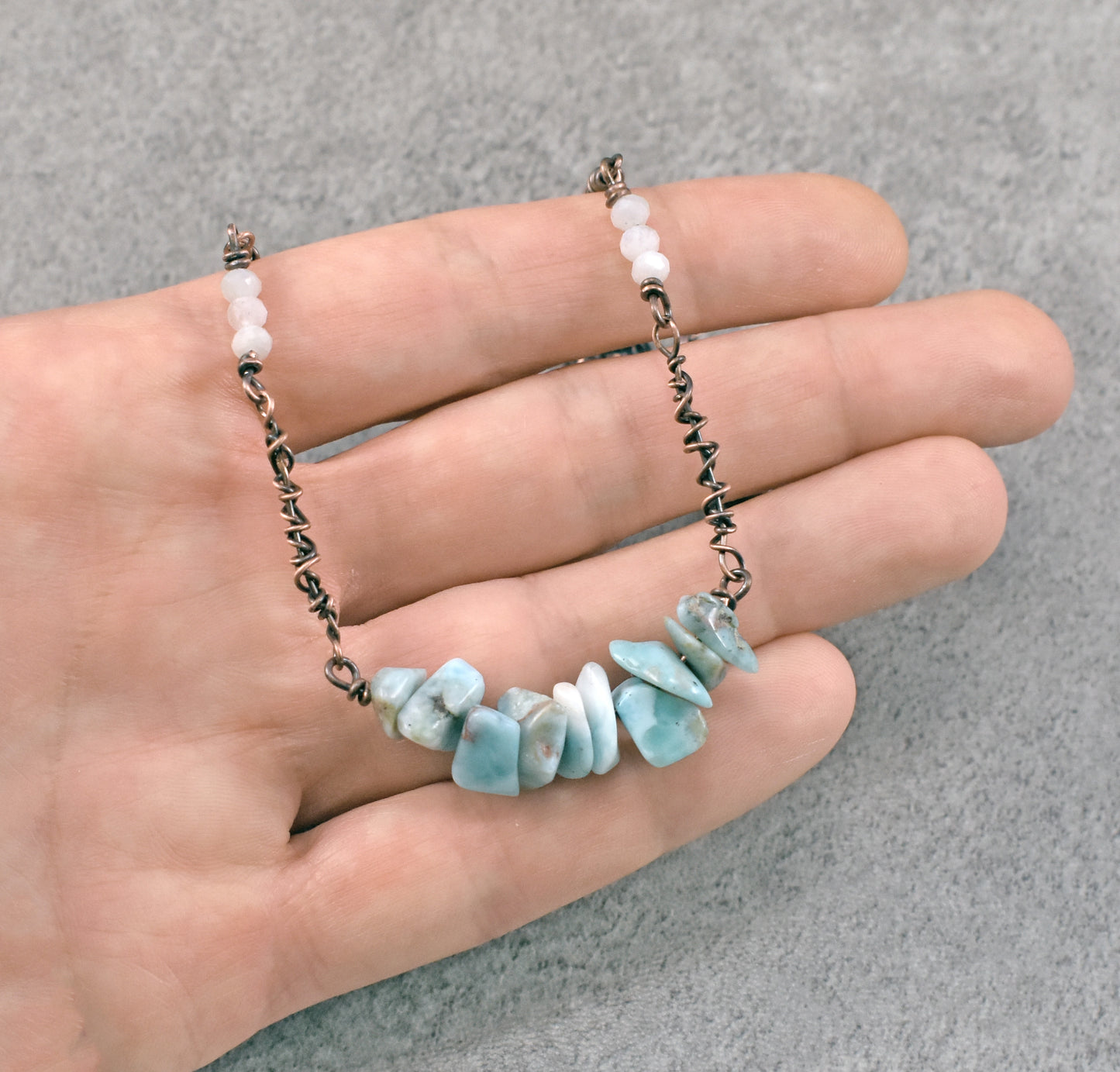 Simple Larimar, Moonstone and Copper Wire Necklace, Rustic Light Blue Stone Jewelry