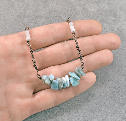 Simple Larimar, Moonstone and Copper Wire Necklace, Rustic Light Blue Stone Jewelry