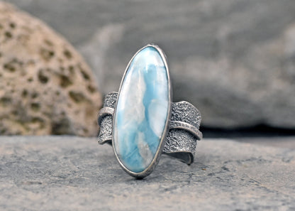 Larimar and Sterling Silver Wide Band Statement Ring, Size 8.5, Natural Light Blue Organic Handmade Jewelry