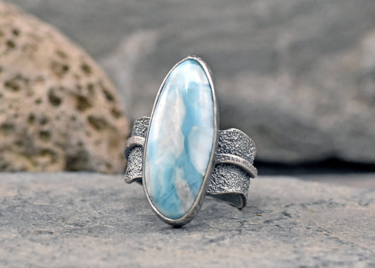 Larimar and Sterling Silver Wide Band Statement Ring, Size 8.5, Natural Light Blue Organic Handmade Jewelry