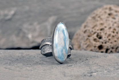 Larimar and Sterling Silver Wide Band Statement Ring, Size 8.5, Natural Light Blue Organic Handmade Jewelry