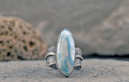Larimar and Sterling Silver Wide Band Statement Ring, Size 8.5, Natural Light Blue Organic Handmade Jewelry