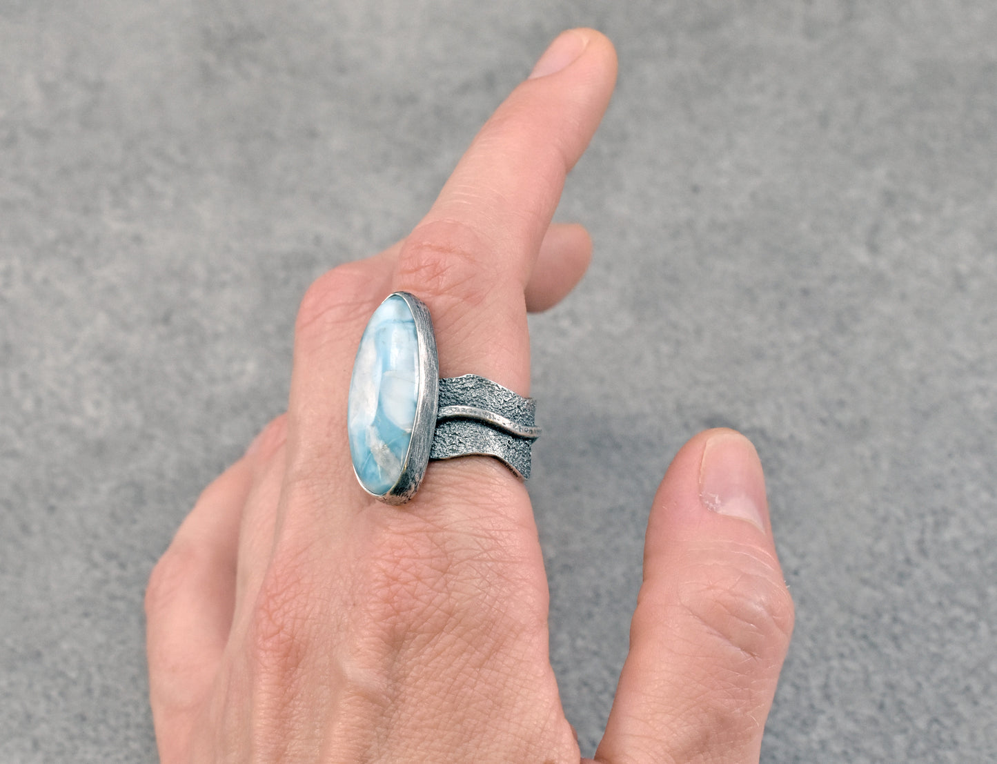 Larimar and Sterling Silver Wide Band Statement Ring, Size 8.5, Natural Light Blue Organic Handmade Jewelry