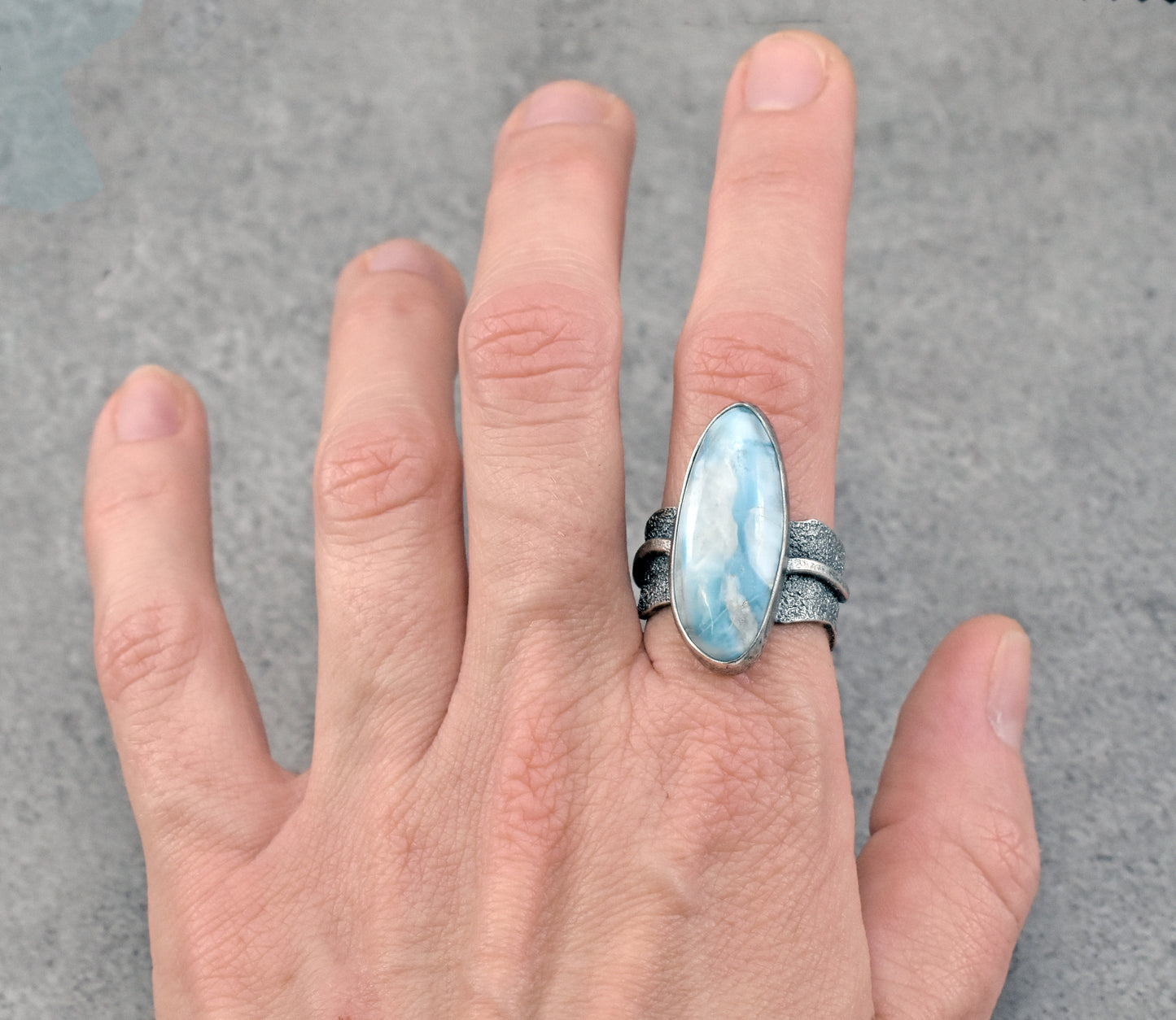 Larimar and Sterling Silver Wide Band Statement Ring, Size 8.5, Natural Light Blue Organic Handmade Jewelry