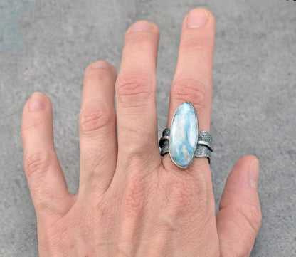 Larimar and Sterling Silver Wide Band Statement Ring, Size 8.5, Natural Light Blue Organic Handmade Jewelry
