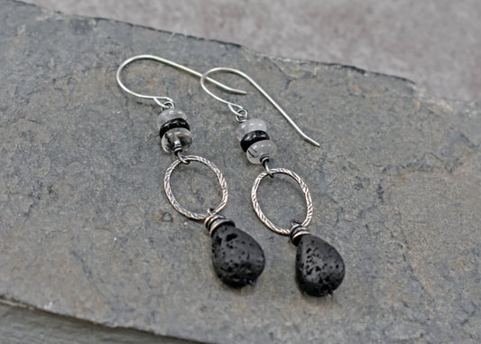 Lava Rock, Tourmalinated Quartz and Sterling Silver Earrings, Black and White Gemstone Jewelry