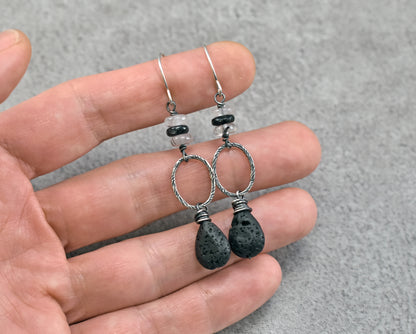 Lava Rock, Tourmalinated Quartz and Sterling Silver Earrings, Black and White Gemstone Jewelry