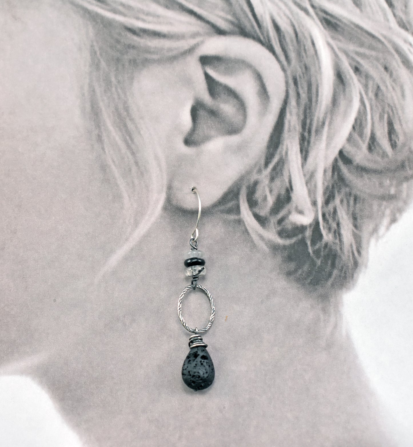 Lava Rock, Tourmalinated Quartz and Sterling Silver Earrings, Black and White Gemstone Jewelry
