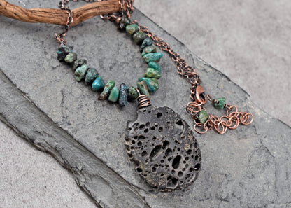 Lava Rock, Turquoise and Copper Necklace, Natural Blue Green Stones, Black Pendant, Rustic Handmade Jewelry