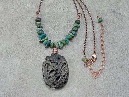 Lava Rock, Turquoise and Copper Necklace, Natural Blue Green Stones, Black Pendant, Rustic Handmade Jewelry
