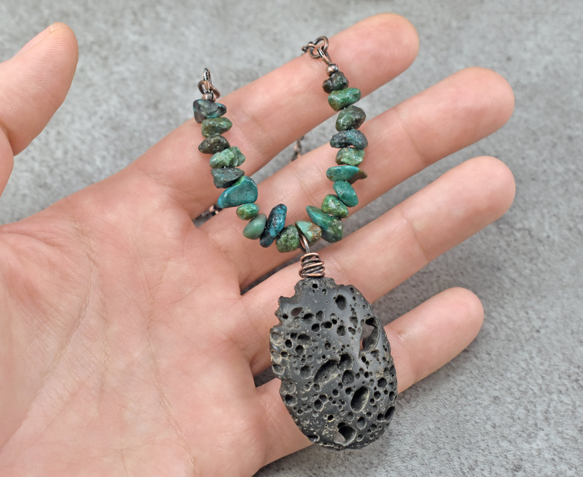 Lava Rock, Turquoise and Copper Necklace, Natural Blue Green Stones, Black Pendant, Rustic Handmade Jewelry
