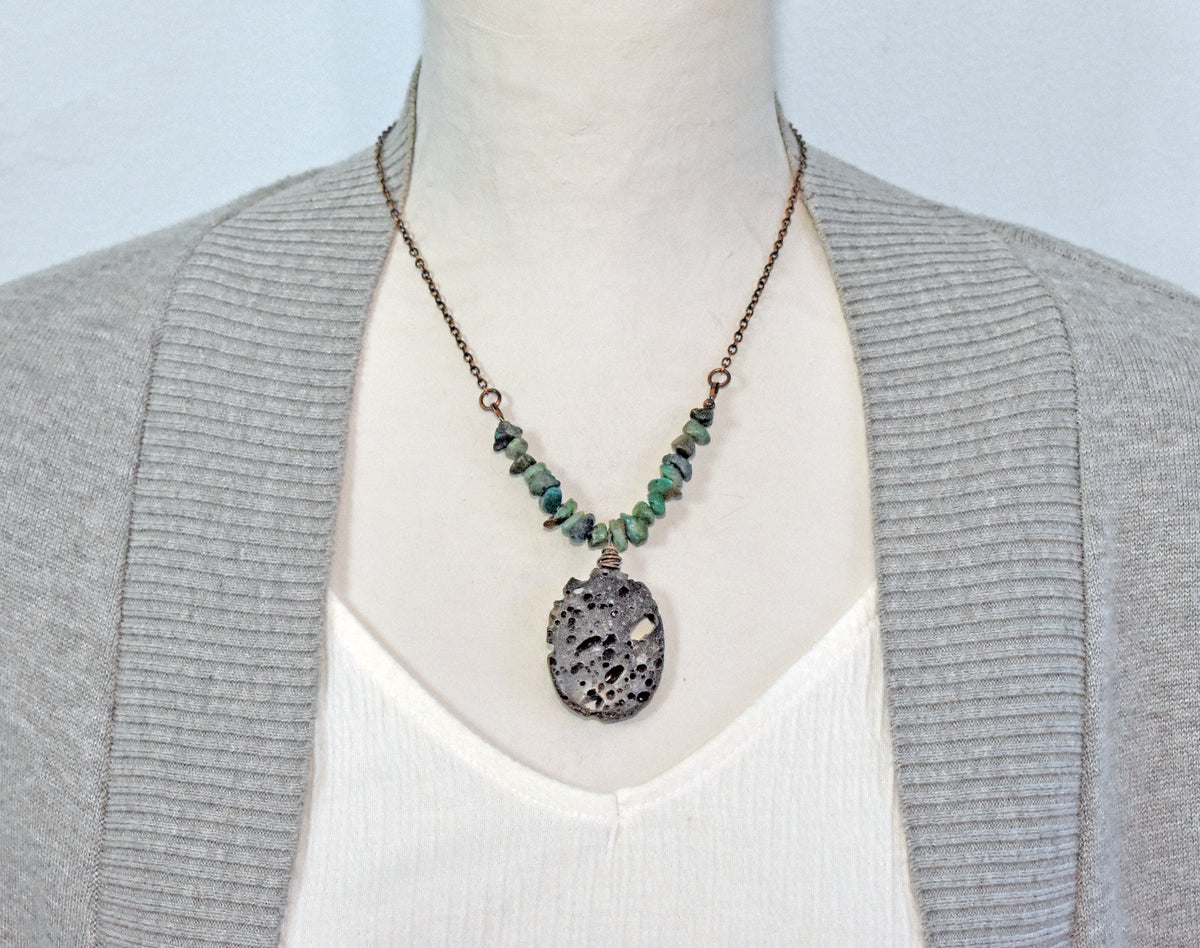 Lava Rock, Turquoise and Copper Necklace, Natural Blue Green Stones, Black Pendant, Rustic Handmade Jewelry