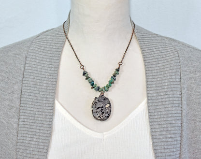 Lava Rock, Turquoise and Copper Necklace, Natural Blue Green Stones, Black Pendant, Rustic Handmade Jewelry
