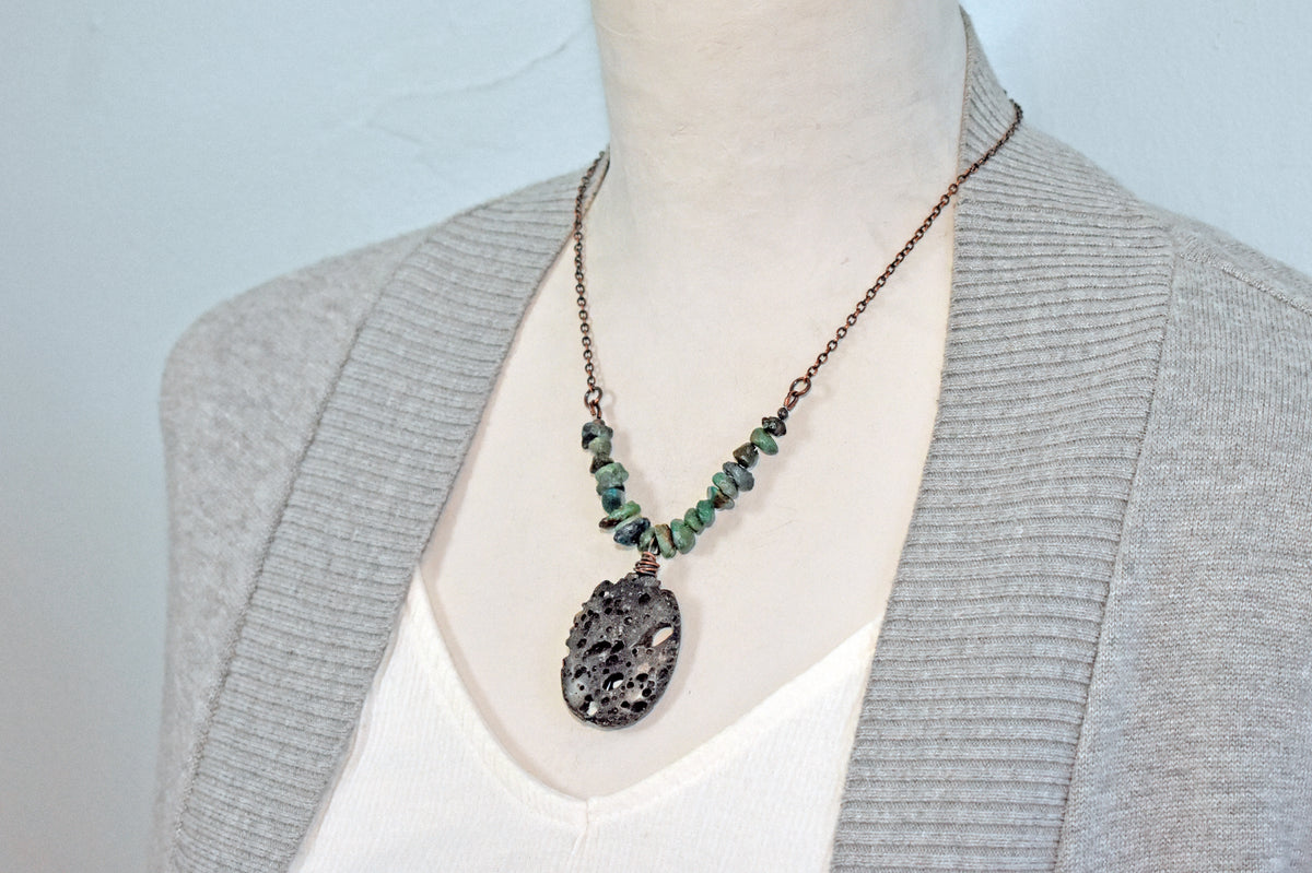 Lava Rock, Turquoise and Copper Necklace, Natural Blue Green Stones, Black Pendant, Rustic Handmade Jewelry