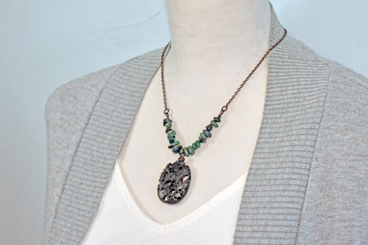 Lava Rock, Turquoise and Copper Necklace, Natural Blue Green Stones, Black Pendant, Rustic Handmade Jewelry