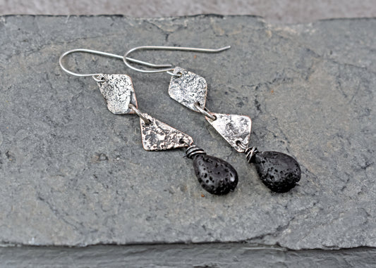 Lava Rock Mixed Metal Triangle Earrings, Sterling Silver on Copper Unique Jewelry