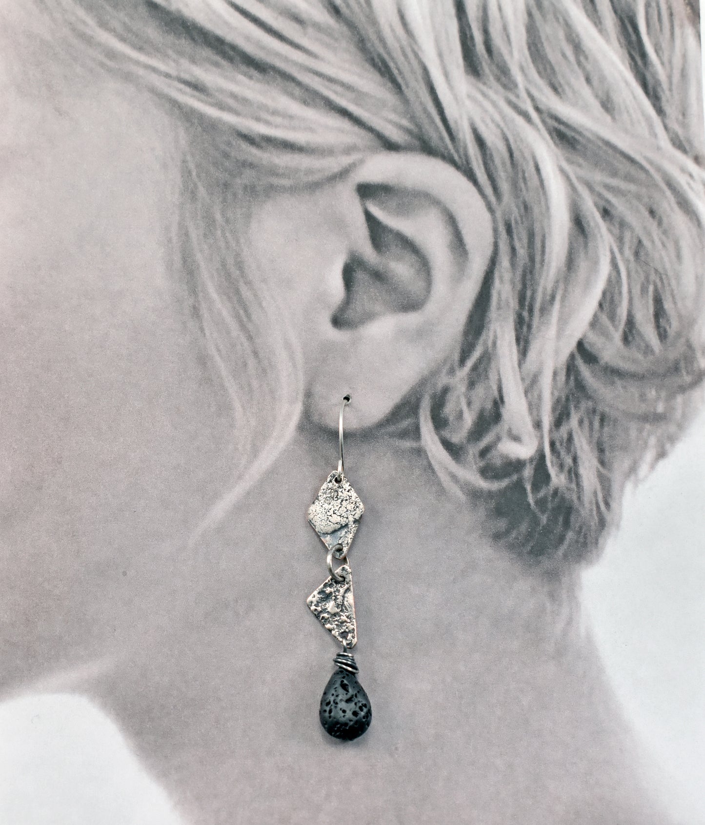 Lava Rock Mixed Metal Triangle Earrings, Sterling Silver on Copper Unique Jewelry