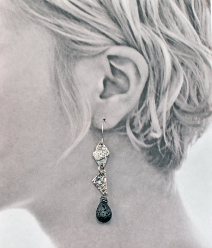 Lava Rock Mixed Metal Triangle Earrings, Sterling Silver on Copper Unique Jewelry