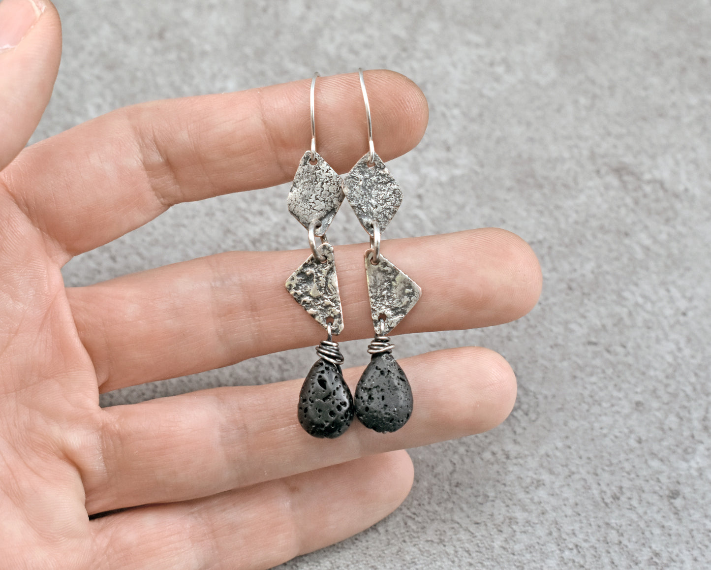 Lava Rock Mixed Metal Triangle Earrings, Sterling Silver on Copper Unique Jewelry