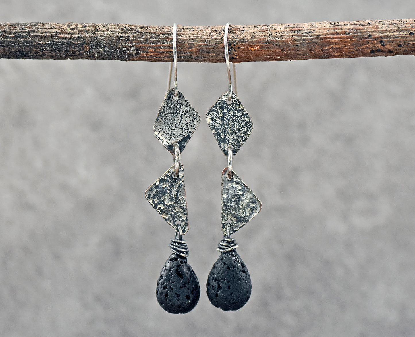Lava Rock Mixed Metal Triangle Earrings, Sterling Silver on Copper Unique Jewelry