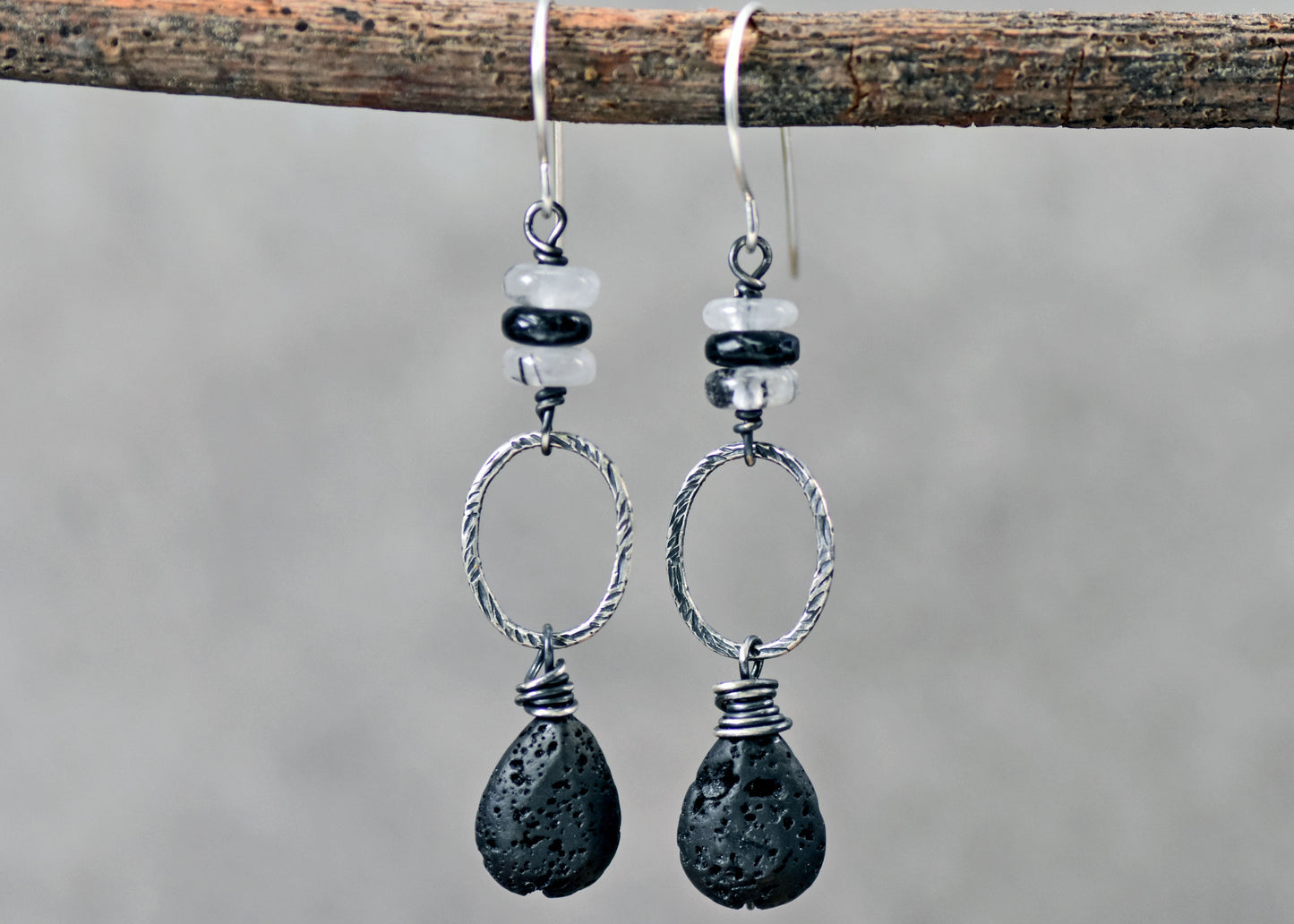 Lava Rock, Tourmalinated Quartz and Sterling Silver Earrings, Black and White Gemstone Jewelry
