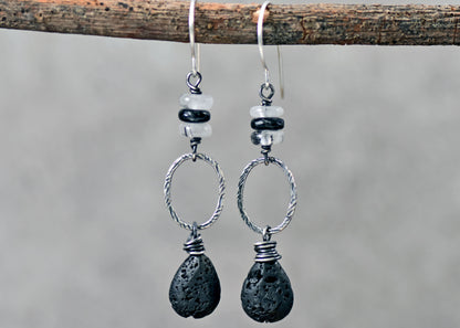 Lava Rock, Tourmalinated Quartz and Sterling Silver Earrings, Black and White Gemstone Jewelry