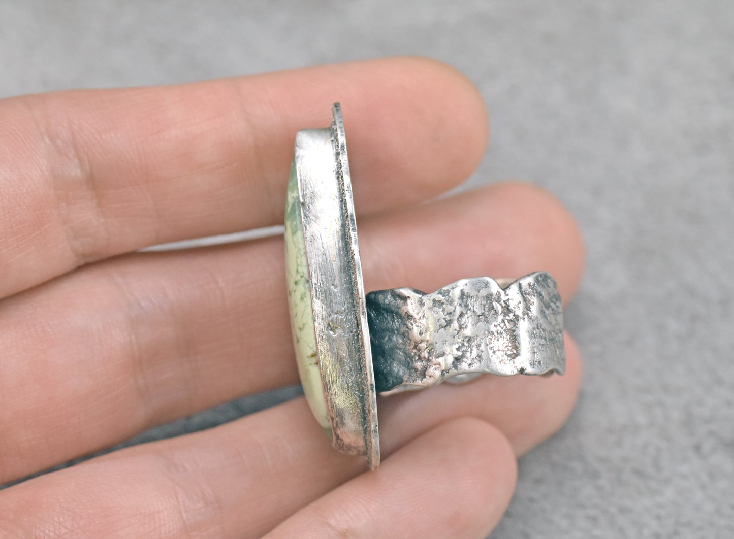Lemon Chrysoprase and Sterling Silver Wide Band Statement Ring, Organic Silversmith Jewelry, Size 9