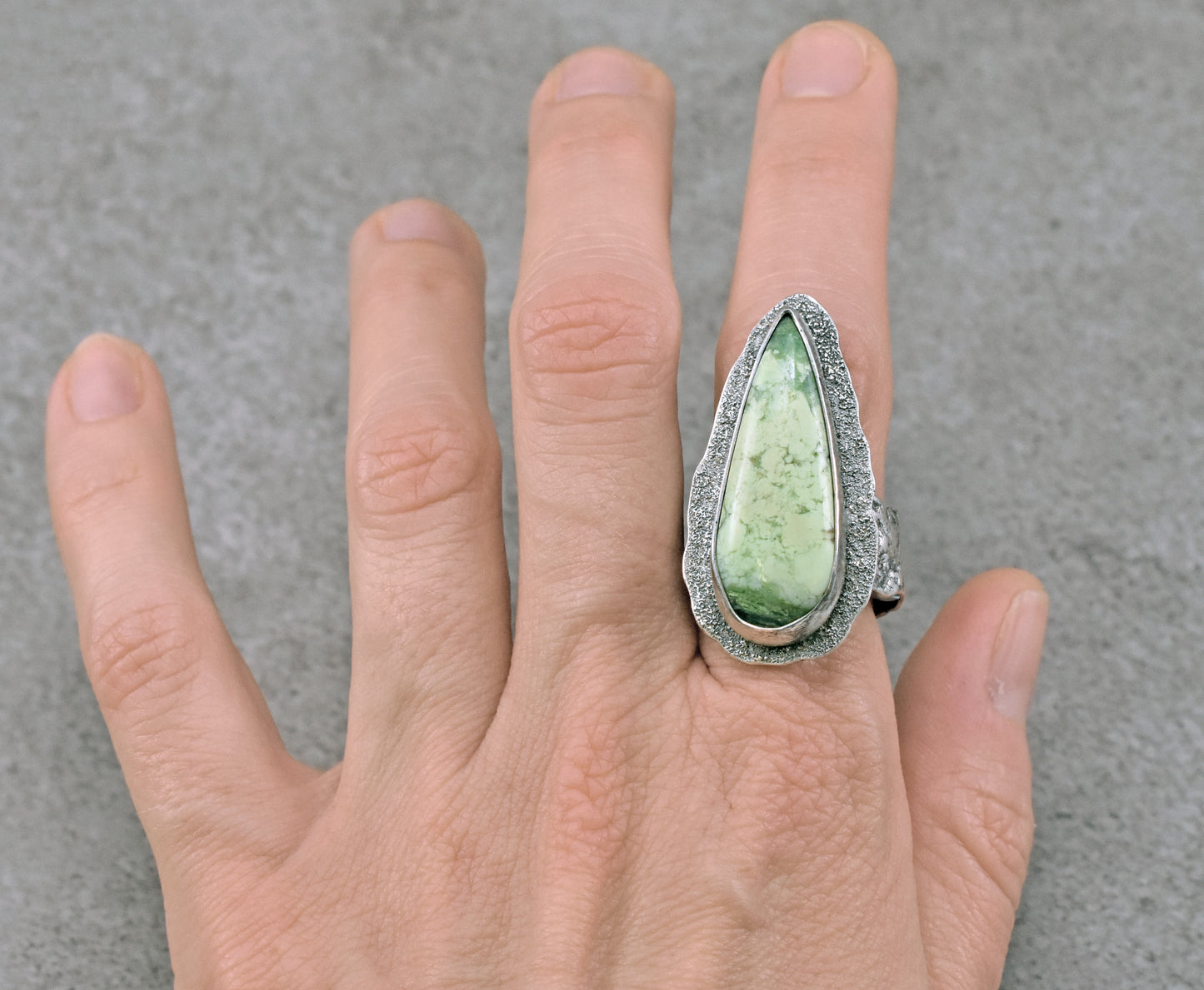 Lemon Chrysoprase and Sterling Silver Wide Band Statement Ring, Organic Silversmith Jewelry, Size 9