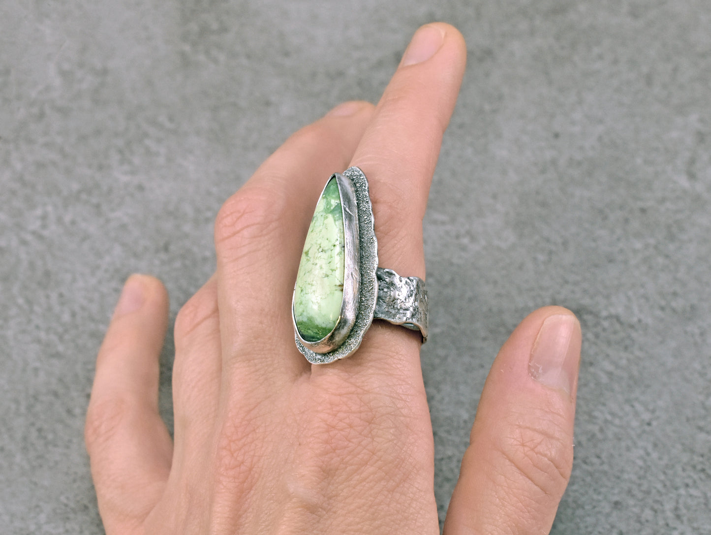 Lemon Chrysoprase and Sterling Silver Wide Band Statement Ring, Organic Silversmith Jewelry, Size 9