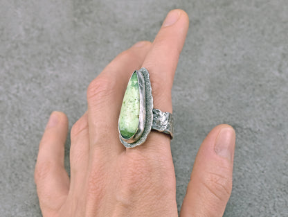 Lemon Chrysoprase and Sterling Silver Wide Band Statement Ring, Organic Silversmith Jewelry, Size 9
