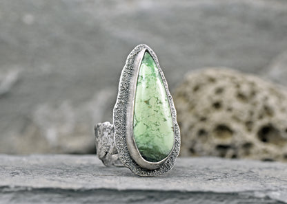 Lemon Chrysoprase and Sterling Silver Wide Band Statement Ring, Organic Silversmith Jewelry, Size 9