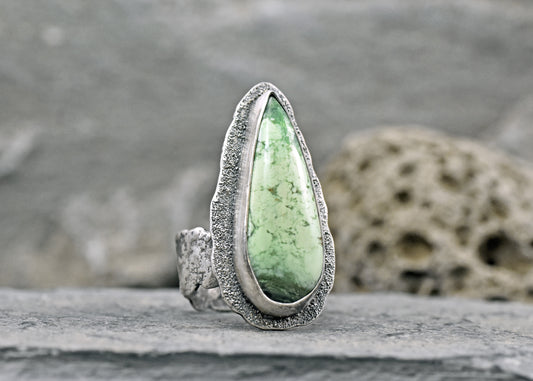Lemon Chrysoprase and Sterling Silver Wide Band Statement Ring, Organic Silversmith Jewelry, Size 9