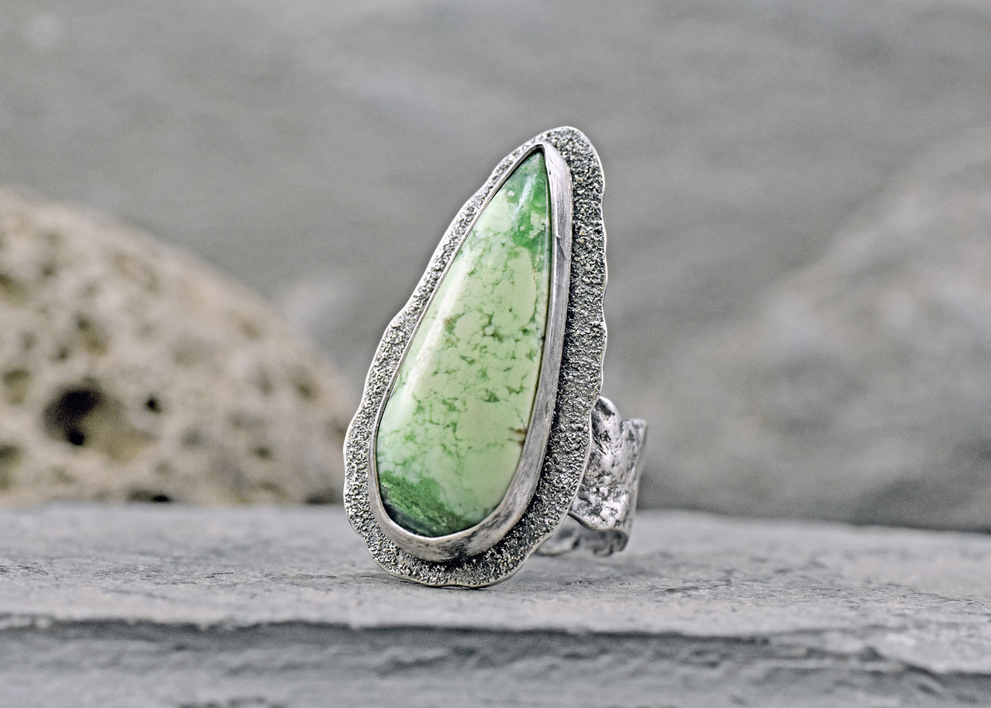 Lemon Chrysoprase and Sterling Silver Wide Band Statement Ring, Organic Silversmith Jewelry, Size 9