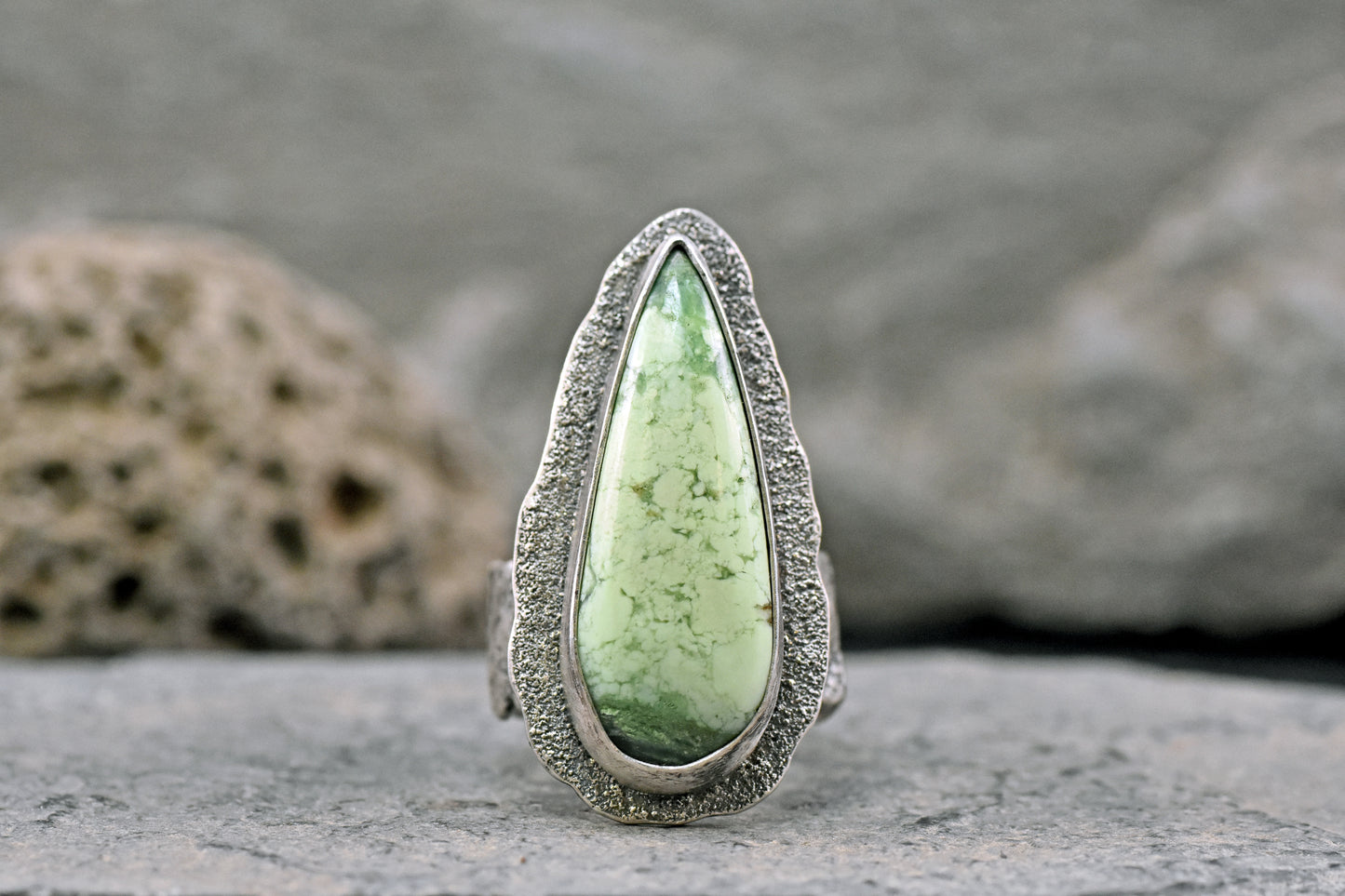 Lemon Chrysoprase and Sterling Silver Wide Band Statement Ring, Organic Silversmith Jewelry, Size 9