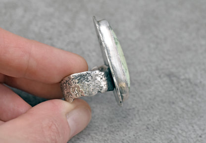 Lemon Chrysoprase and Sterling Silver Wide Band Statement Ring, Organic Silversmith Jewelry, Size 9