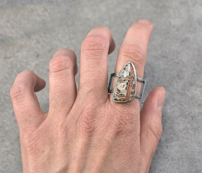Leopard Jasper and Sterling Silver Wide Band Statement Ring, Size 7.25