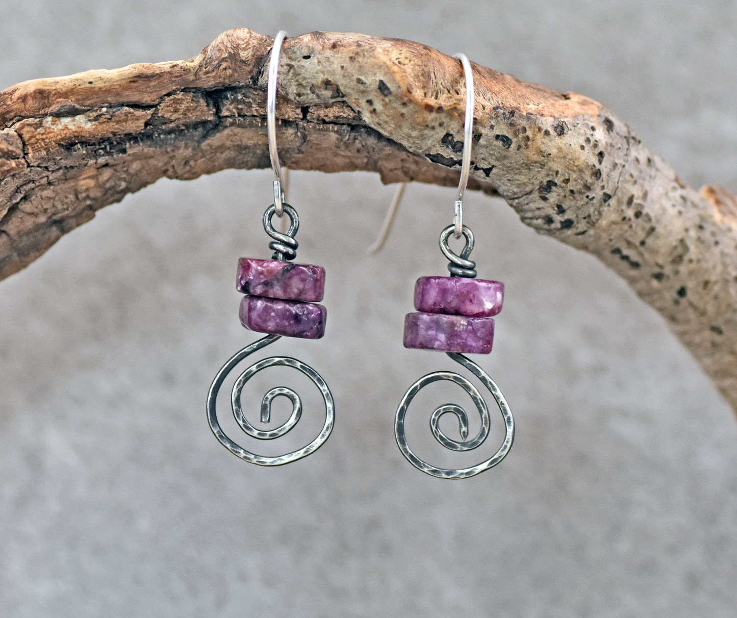 Small Lepidolite and Sterling Silver Spiral Dangle Earrings