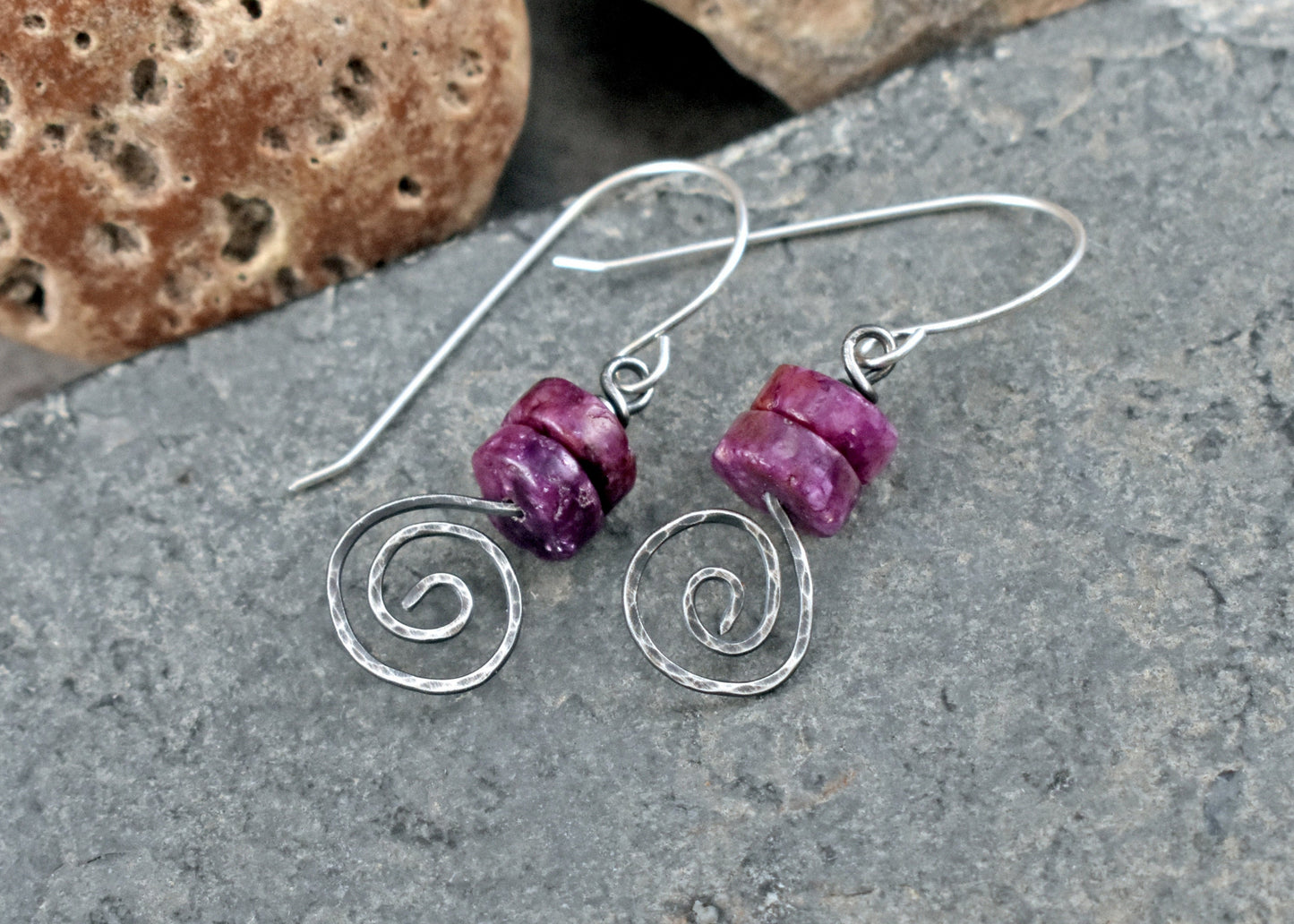 Small Lepidolite and Sterling Silver Spiral Dangle Earrings