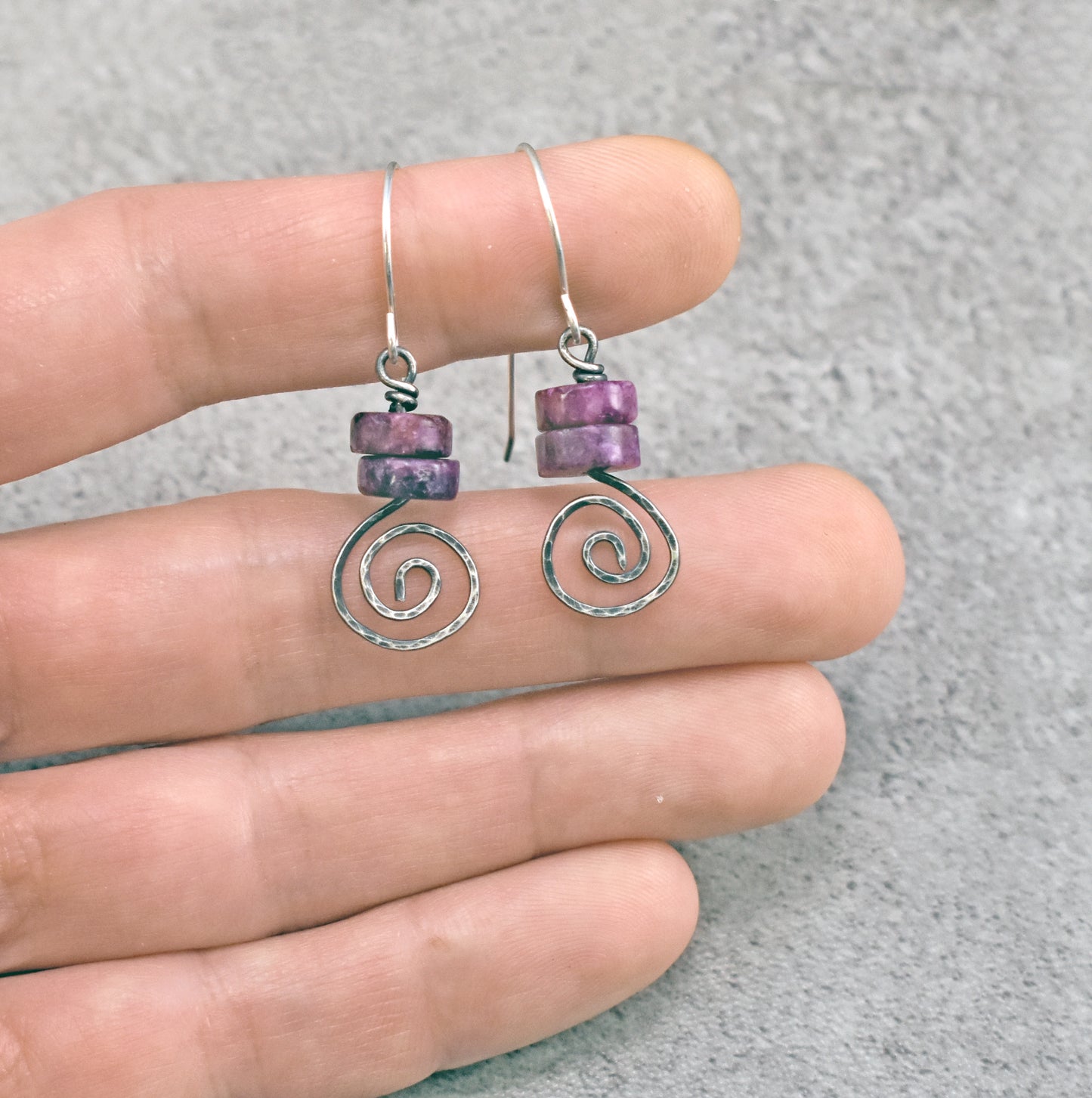 Small Lepidolite and Sterling Silver Spiral Dangle Earrings