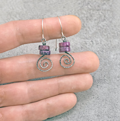 Small Lepidolite and Sterling Silver Spiral Dangle Earrings