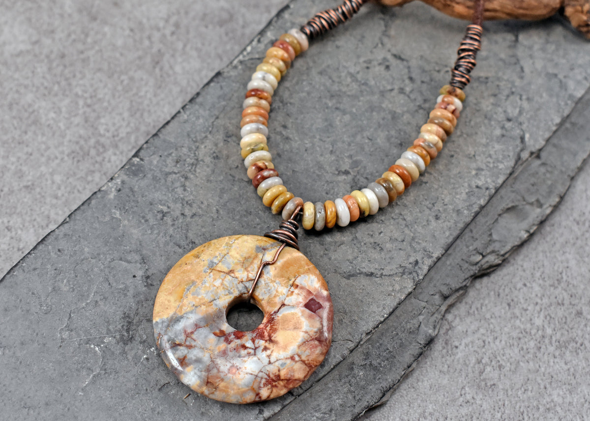 Maligano Jasper, Crazy Lace Agate, Leather and Copper Necklace, Yellow Red Stone Pendant, Earthy Unique Artisan Jewelry