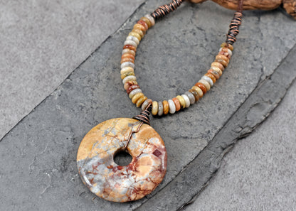 Maligano Jasper, Crazy Lace Agate, Leather and Copper Necklace, Yellow Red Stone Pendant, Earthy Unique Artisan Jewelry