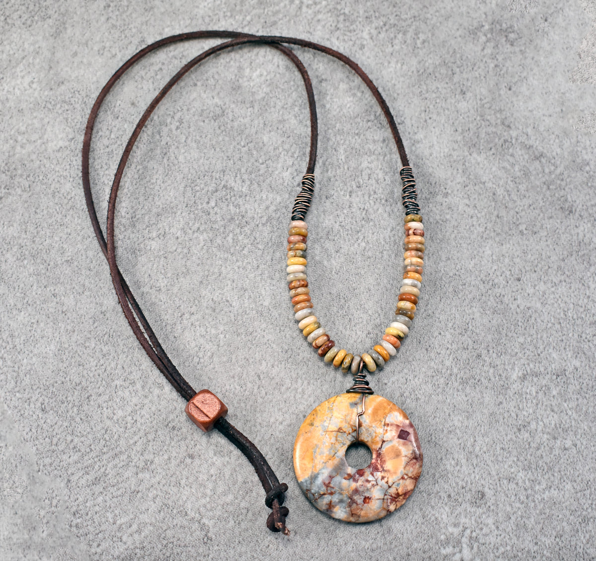 Maligano Jasper, Crazy Lace Agate, Leather and Copper Necklace, Yellow Red Stone Pendant, Earthy Unique Artisan Jewelry