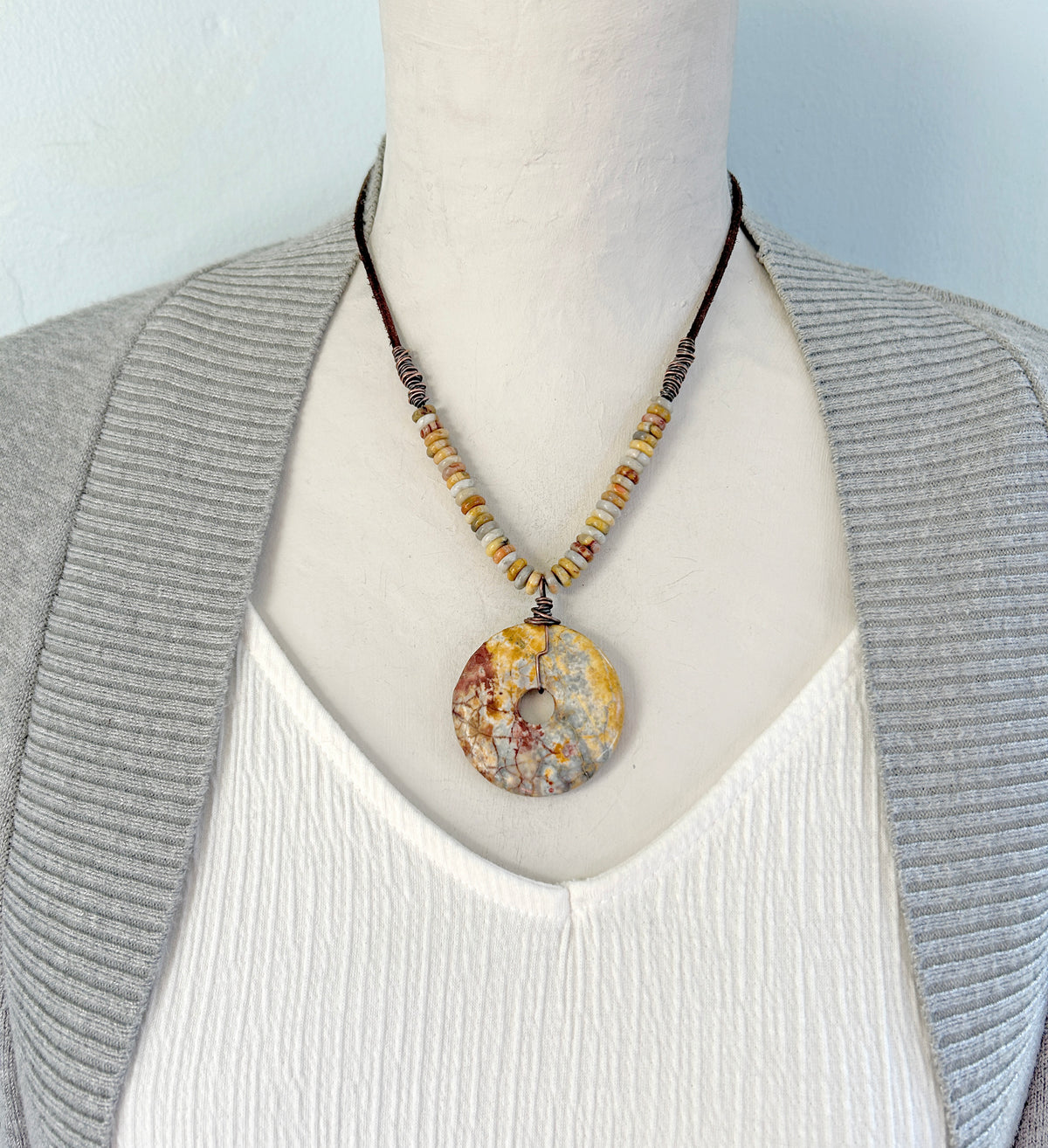 Maligano Jasper, Crazy Lace Agate, Leather and Copper Necklace, Yellow Red Stone Pendant, Earthy Unique Artisan Jewelry