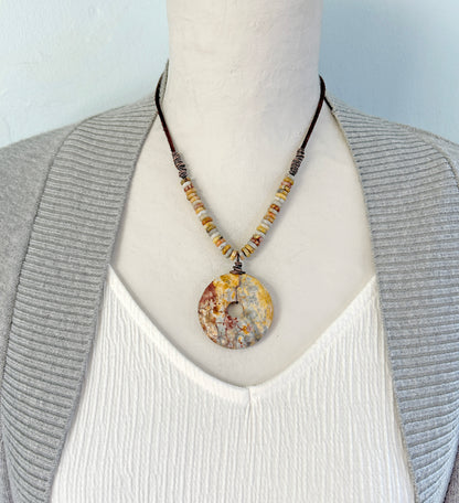 Maligano Jasper, Crazy Lace Agate, Leather and Copper Necklace, Yellow Red Stone Pendant, Earthy Unique Artisan Jewelry