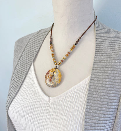 Maligano Jasper, Crazy Lace Agate, Leather and Copper Necklace, Yellow Red Stone Pendant, Earthy Unique Artisan Jewelry