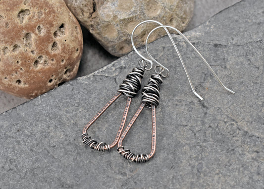 Mixed Metal Copper Sterling Silver Earrings, Rustic Artisan Messy Wire Wrap Jewelry Handmade