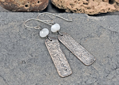Moonstone Mixed Metal Artisan Earrings, Sterling Silver on Copper, Unique Jewelry