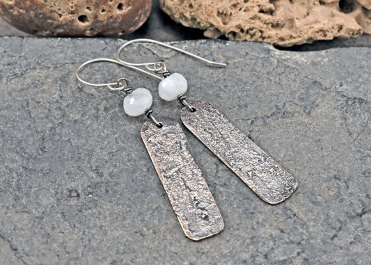 Moonstone Mixed Metal Artisan Earrings, Sterling Silver on Copper, Unique Jewelry
